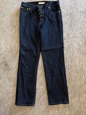 Tory Burch Button Fly Straight Leg Cropped Jeans Dark Resin Wash Size 25